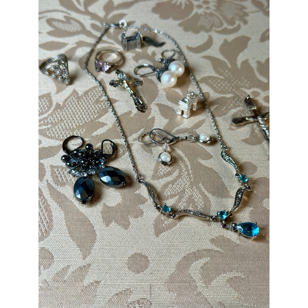 Vintage Jewelry Lot Necklace Rings Earrings Crucifix Charms Blue Stone Pearl